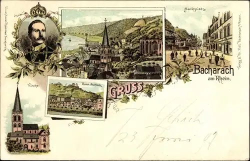 Litho Bacharach am Rhein, Kirche, Marktplatz, Ruine Stahleck, Kaiser Wilhelm II