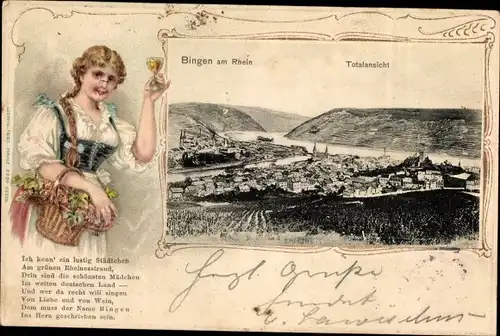 Präge Passepartout Ak Bingen am Rhein, Totalansicht der Ortschaft, Frau mit Weinglas