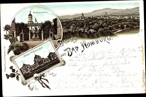 Litho Bad Homburg vor der Höhe Hessen, Schlossportal, Kaiser Wilhelm Bad, Totalansicht