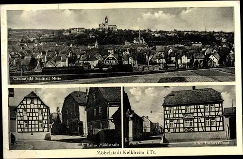 Ak Kelkheim im Taunus, Fachwerkhäuser, Bahnstraße, Mühlstraße, Blick auf den Ort