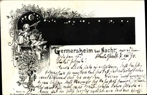 Litho Germersheim am Rhein, Ortschaft bei Nacht