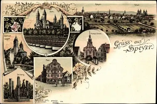 Litho Speyer am Oberrhein Rheinland Pfalz, Dom, Total, Kirche, Post, Oelberg