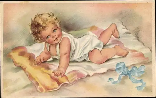 Künstler Ak Kinderportrait, Kleinkind auf einer Decke