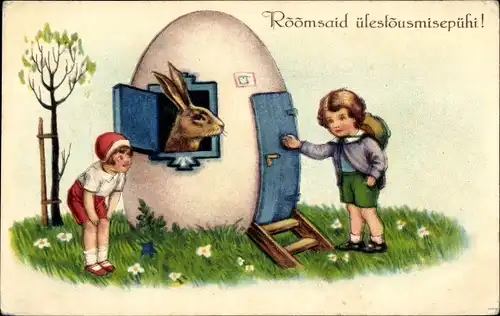 Ak Glückwunsch Ostern, Hase im Eierhaus, Kinder