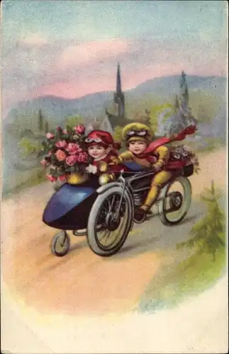 Ak Kinder auf einem Motorrad, Beiwagen, Rosen