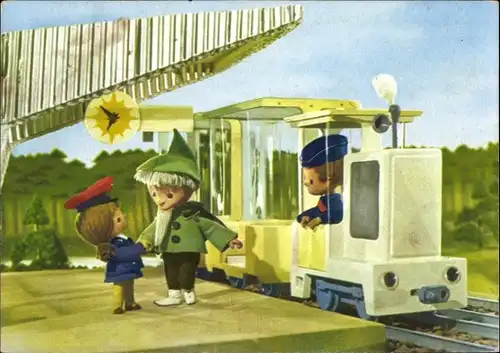 Ak Unser Sandmännchen, Sandmann, DDR Kinderfernsehen, Eisenbahn, Bahnhof, 6244