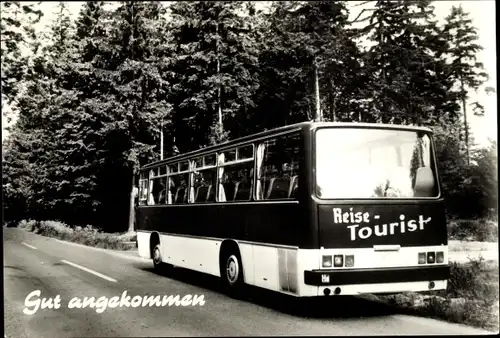 Ak Gut angekommen, Reisetourist, Ikarus Omnibus