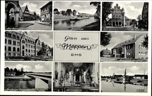 Ak Meppen im Emsland, Rathaus, Landwirtschaftsschule, Maristenkloster, Hafen