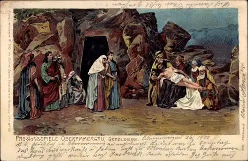 Litho Oberammergau in Oberbayern, Passionsspiele, Grablegung
