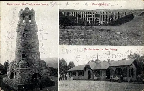 Ak Netzschkau im Vogtland, Kuhberg, Bismarckturm, Unterkunftshaus, Göltzschtalbrücke