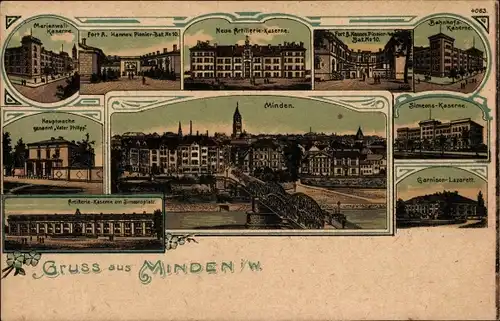 Litho Minden in Westfalen, Garnison Lazarett, Simeons Kaserne, Bahnhofs Kaserne, Hauptwache