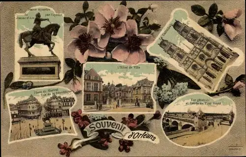 Ak Orléans Loiret, L'Hotel de Ville, Place du Martroi, La Cathedrale, Statue