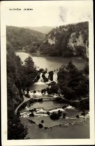 Ak Plitvicka Jezera Kroatien, Teiche, Wasserfall, Brücke
