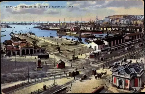 Ak Genova Genua Liguria, Panorama del Porto e Stazione marittima