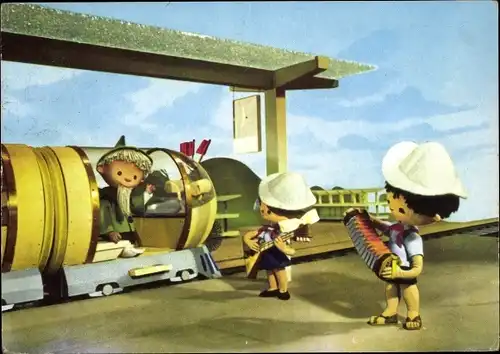 Ak Unser Sandmännchen, Sandmann, DDR Kinderfernsehen, Eisenbahn, Bahnhof, 6243