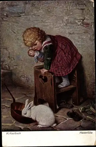 Künstler Ak Kaulbach, Hermann, Hasenfüße, Kind mit Puppe fürchtet sich vor Kaninchen