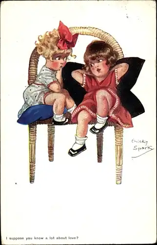 Künstler Ak Spark, Chicky, Zwei Mädchen auf einem Korbstuhl, I suppose you know a lot about love