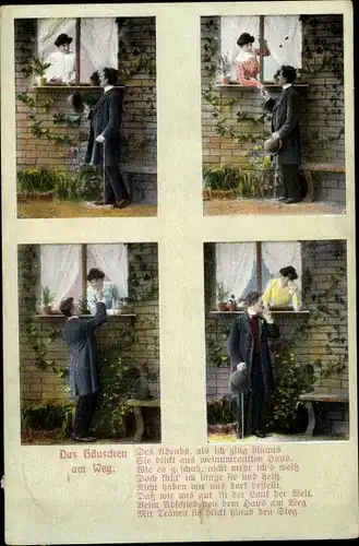 Gedicht Ak Das Häuschen am Weg, Liebespaar, Frau am Fenster