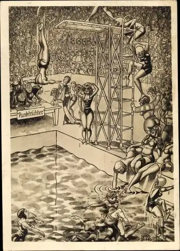 Künstler Ak Buhr, Hans, Frauen beim Turmspringen, Punktrichter