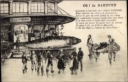 Künstler Ak Marseille Bouches du Rhône, Oh, la Sardine, Fischer, großer Fisch