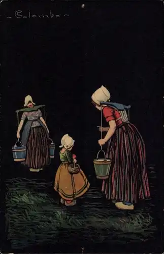 Künstler Ak Colombo, E.,Frauen und Kind in niederländischen Trachten, Wasserträger