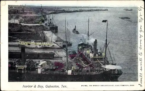 Ak Galveston Texas USA, Harbour, Bay, Dampfschiff