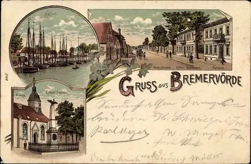 Litho Bremervörde in Niedersachsen, Hafen, Kriegerdenkmal, Neue Straße