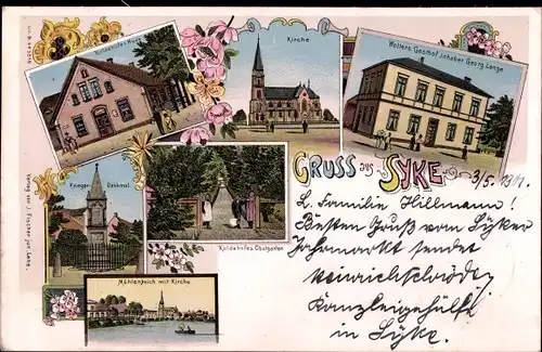 Litho Syke in Niedersachsen, Wolters Gasthof, Kirche, Koldenhofes Haus, Mühlenteich, Kriegerdenkmal