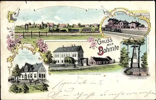 Litho Bohmte in Niedersachsen, Gasthof, Bahnhof, Gleisseite, Kriegerdenkmal