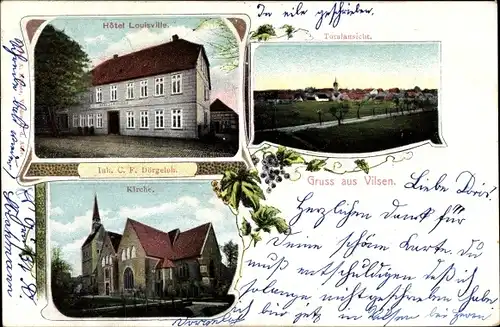 Ak Bruchhausen Vilsen Niedersachsen, Hotel Louisville, Kirche, Totalansicht