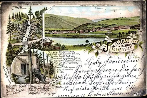Litho Ilmenau in Thüringen, Panorama, Kickelhahn, Goethe als Greis, Wasserfall