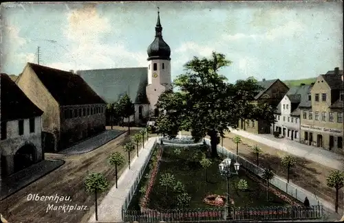 Ak Olbernhau im Erzgebirge Sachsen, Blick auf den Marktplatz, Kirche