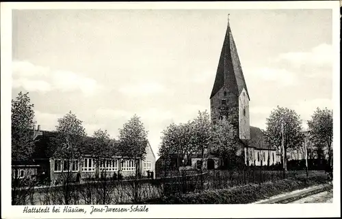 Ak Hattstedt in Nordfriesland, Jens Iwersen Schule, Kirche