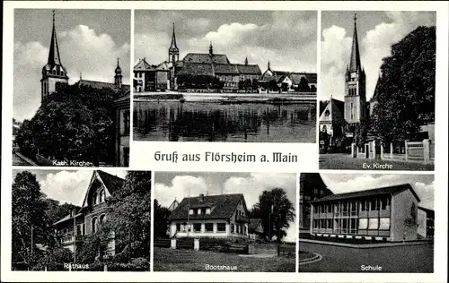 Ak Flörsheim am Main, Schule, Ev. Kirche, Bootshaus, Rathaus, Kath. Kirche