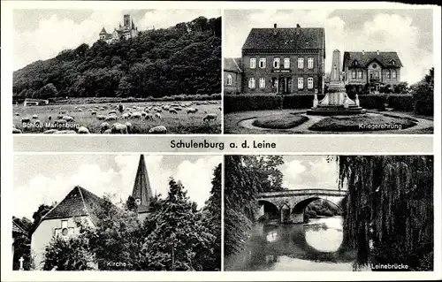 Ak Schulenburg Pattensen an der Leine, Kriegerehrung, Leinebrücke, Kirche, Schloss Marienburg