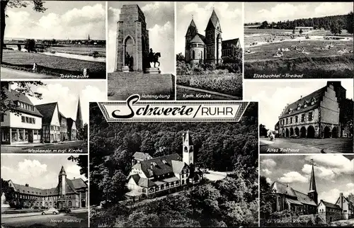 Ak Schwerte an der Ruhr, Kath. Kirche, Rathaus, Panorama, Hohensyburg, Freischütz