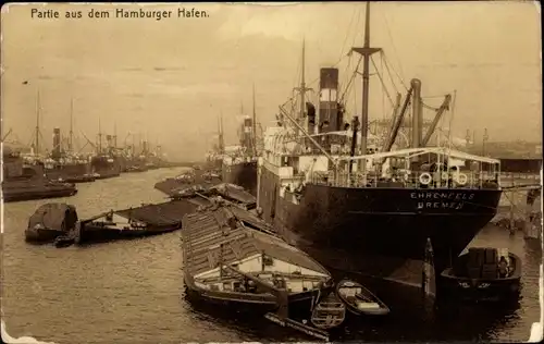 Ak Hamburg Mitte Altstadt, Hamburger Hafen, Dampfer Ehrenfels, Lastkähne