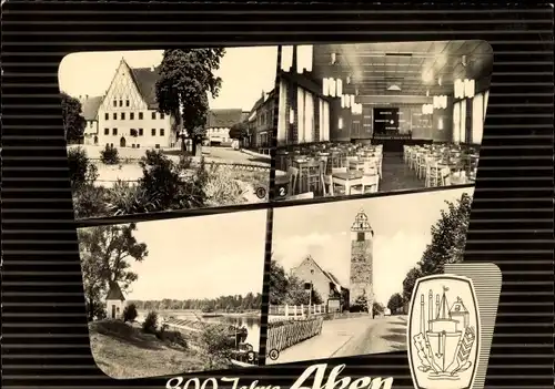 Wappen Ak Aken an der Elbe, Rathaus, Speisesaal VEB Flachglaswerk, Pegelhäuschen, Köthener Tortum