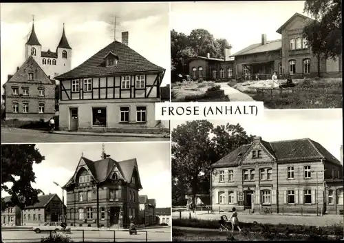 Ak Frose in Anhalt, Stiftskirche, Postamt, Bahnhof Front, Kulturhaus