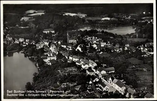 Ak Buckow in der Märkischen Schweiz, Panorama mit Buckow See und Griepen See, Fliegeraufnahme