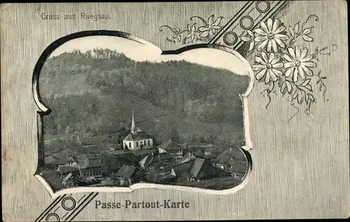 Passepartout Ak Rüegsau Kanton Bern, Blick auf den Ort, Kirche