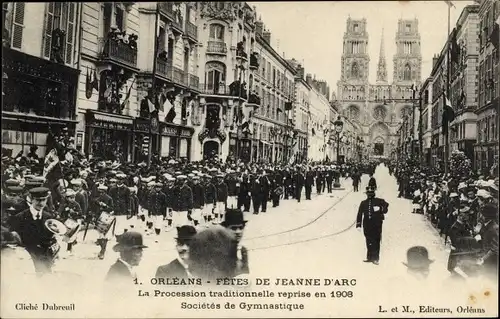 Ak Orléans Loiret, Fetes de Jeanne d'Arc, Procession traditionelle 1908, Societes de Gymnastique