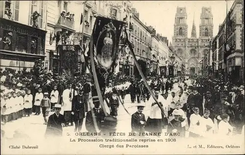 Ak Orléans Loiret, Fetes de Jeanne d'Arc, La Procession traditionelle reprise en 1908, Clerge