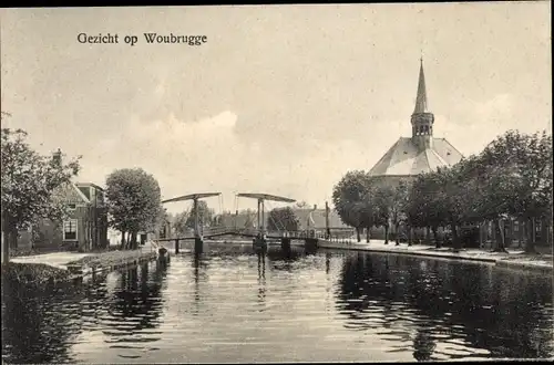 Ak Woubrugge Jacobswoude Südholland, Kirche, Fluss, brücke