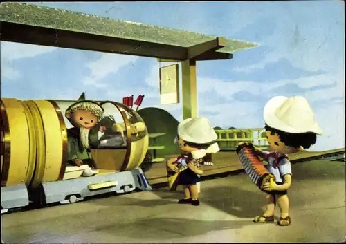 Ak Unser Sandmännchen, Sandmann, DDR Kinderfernsehen, Eisenbahn, Bahnhof, 6243