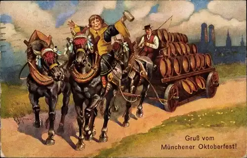 Künstler Ak Schlemo, E., München, Oktoberfest, Münchner Kindl, Bierwagen, Pferde, Mathäserbräu