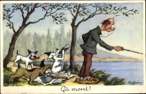 Künstler Ak Angler am Ufer, fressende Hunde