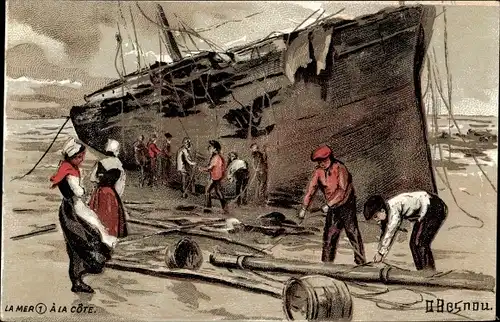 Künstler Ak Besnou, O., La Mer, A la Cote, schiffbrüchiges Schiff am Strand, Chocolat de la Havane