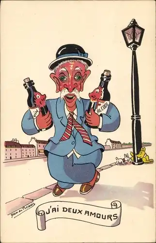 Künstler Ak Preissac, Jean de, J'ai deux Amours, Mann mit Schnapsflaschen