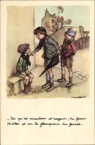 Künstler Ak Poulbot, Kinder, Junge mit schwarzem Regenschirm, Ligue nationale contre le taudis